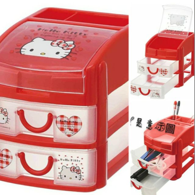 牛牛ㄉ媽*日本進口正版授權Hello Kitty 塑膠二抽透明收納盒。 凱蒂貓文具盒 大臉紅格子愛心頂層掀蓋式設計