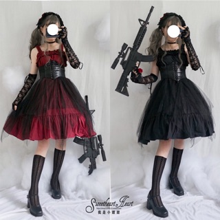 預購*暗黑歌德風蘿莉塔不規則高腰紗裙吊帶裙連身裙 配件 套裝 洋裝 Lolita 哥德 龐克 黑色 暗黑系 JSK