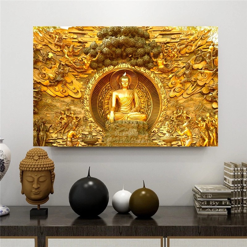 金色彌勒佛佛祖 牆壁掛畫客廳臥室掛畫帆布畫無框高清