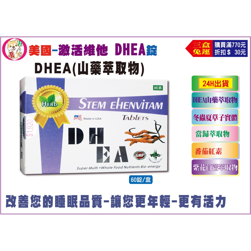 【三盒免運】美國進口-DHEA激活維他錠60錠盒裝含山藥萃取物 番茄紅素 當歸萃取物冬蟲夏草 紫花苜蓿※適合食用特補樂者