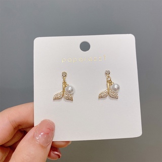 24H出貨‼️（現貨）魚尾耳環女耳釘2020新款水鑽珍珠簡約百搭大氣網紅韓國耳飾/精緻/質感/搭配/飾品/女孩/學生