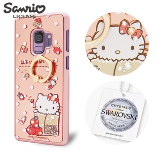 三麗鷗 Kitty Samsung Galaxy S9 施華彩鑽鏡面指環扣手機殼-蘋果凱蒂