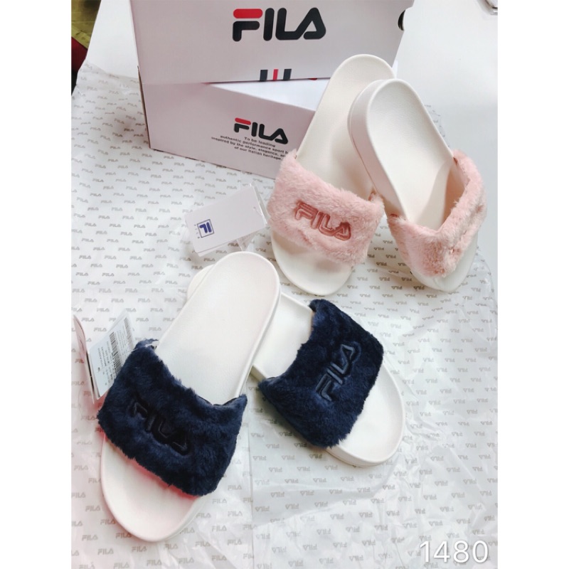 FILA logo毛毛款 刺繡 拖鞋 兩色 粉色 藍色