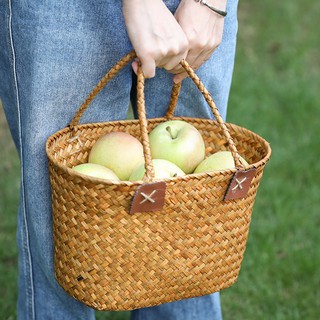 草編購物籃 文藝范裝飾花籃禮品籃 戶外水果提籃野餐籃子