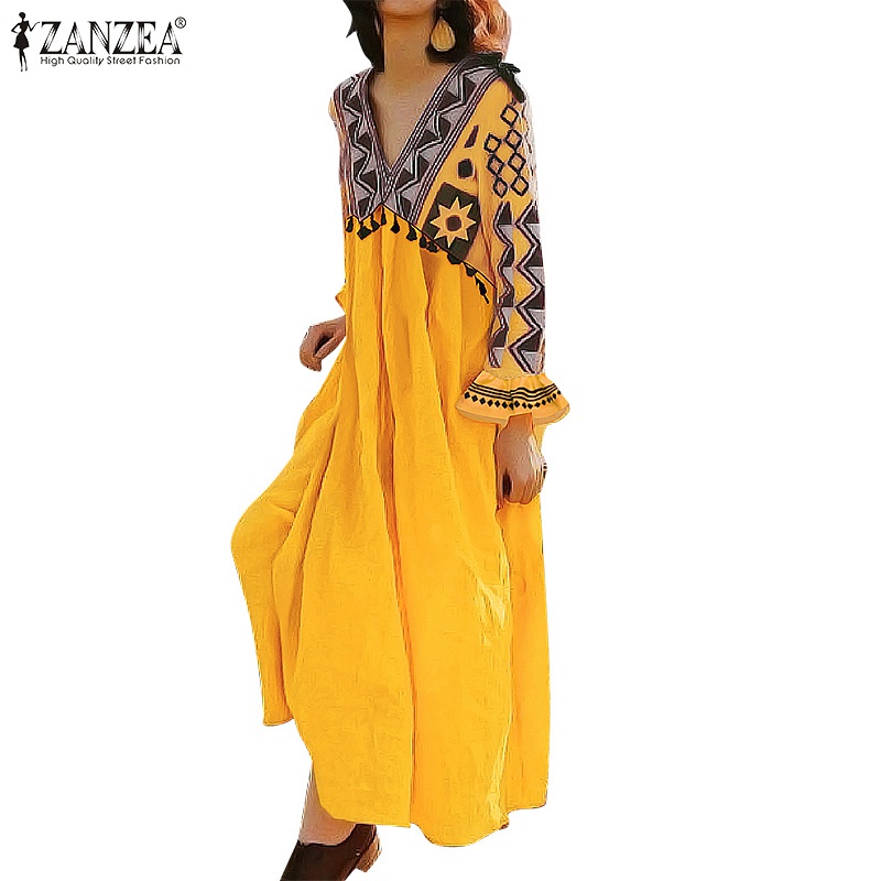 ZANZEA 女式複古時尚全袖幾何印花 V 領超長連衣裙