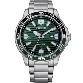 CITIZEN 星辰錶 黑圈綠色波浪面 太陽能不鏽鋼錶 日期顯示 44.5mm AW1526-89X 原廠公司貨