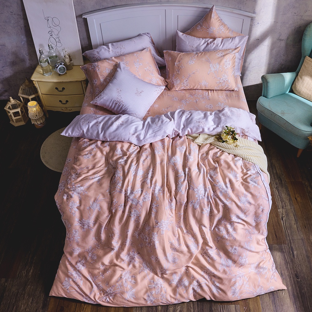 戀家小舖 台灣製床包 雙人床包 兩用被套 床單 粉橘花路 100%天絲 床包兩用被套組 60支天絲 含枕套