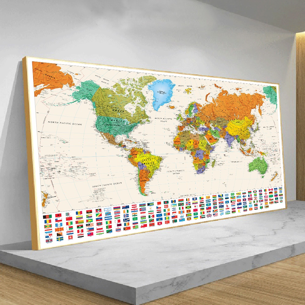 大尺寸世界地圖帆布繪畫海報復古英文地圖帶國旗旅行客廳辦公室裝飾