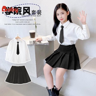 JK制服套裝 春季新款中大女童百搭白色襯衫jk黑色短裙學院風套裝 舒適 好穿 襯衣領帶