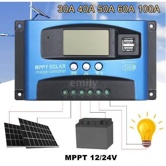 Mppt太陽能充電控制器雙usb液晶顯示屏汽車太陽能電池板充電器穩壓器30a 60A 100A