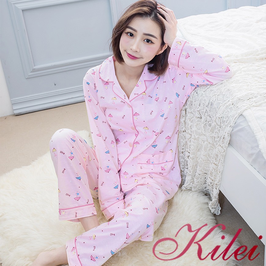 【Kilei】英字星星滾邊雙口袋全開釦棉質長袖二件式睡衣組XA4289(純淨粉)全尺碼