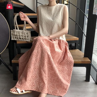 桃子熟了[氣質超耐看]韓國chic夏季復古圓領蕾絲刺繡花撞色拼接設計寬鬆長款背心洋裝洋裝女