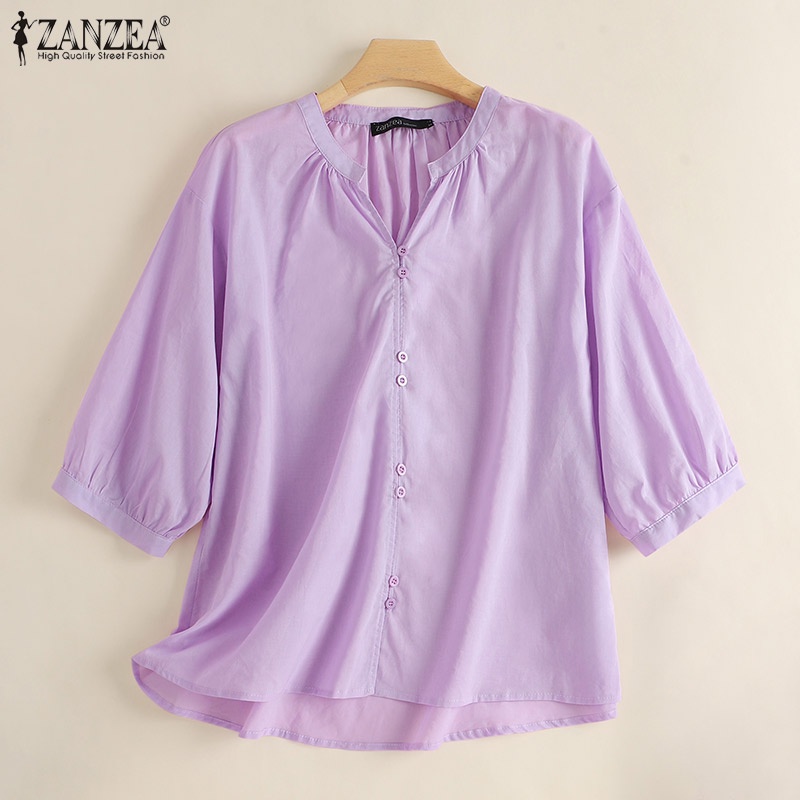 Zanzea 女士日常寬鬆簡約純色圓領 3 / 4 袖鈕扣襯衫