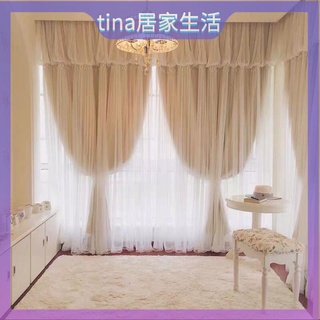 遮光窗簾 韓式溫馨款ins公主風窗簾雙層臥室遮光窗簾布成品飄窗紗少女 蕾絲 雙層飄窗 窗簾布 掛鈎窗簾 遮光簾 落地窗簾