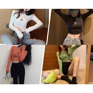 特價*粉現貨秒出♥️實拍【JinG】古著月亮短版上衣 長袖T 個性素面T 圖案長袖上衣 合身上衣 素面棉T 長袖衣