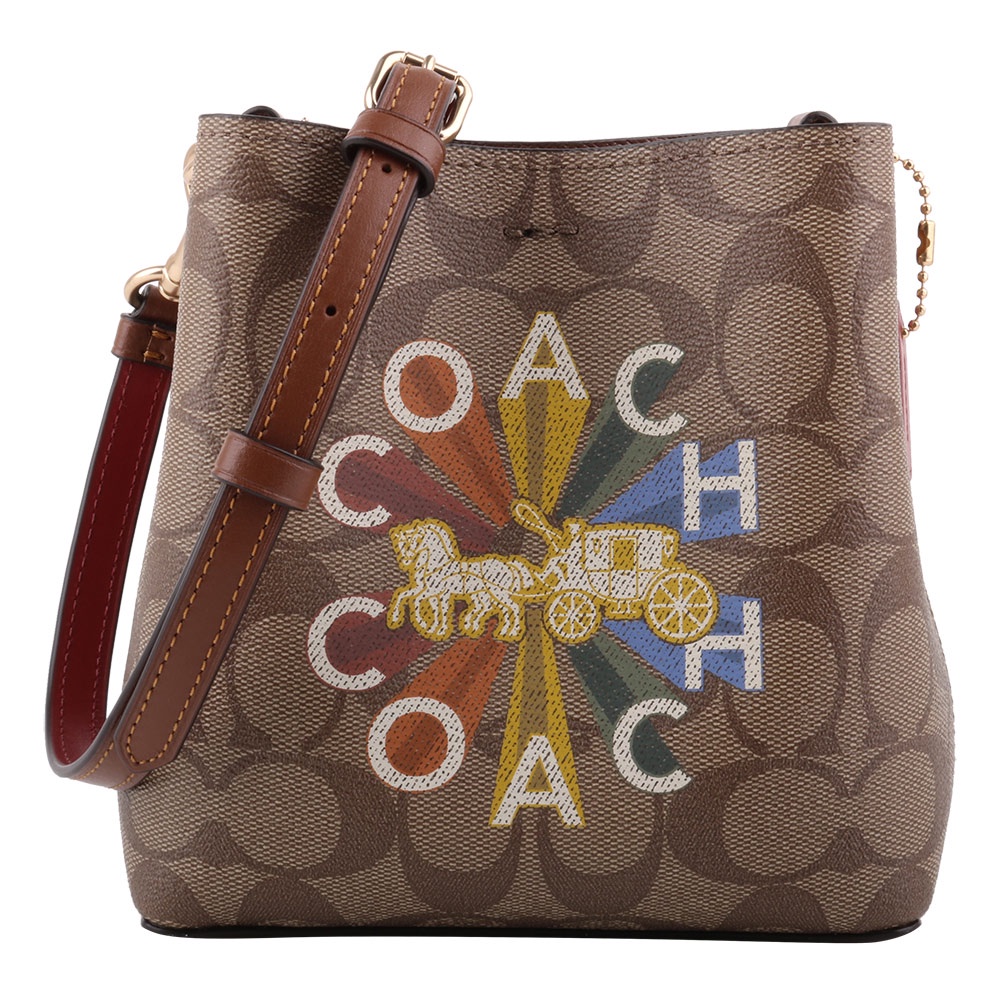 COACH-摩天輪字母LOGO 防刮斜背水桶包 (深卡其)