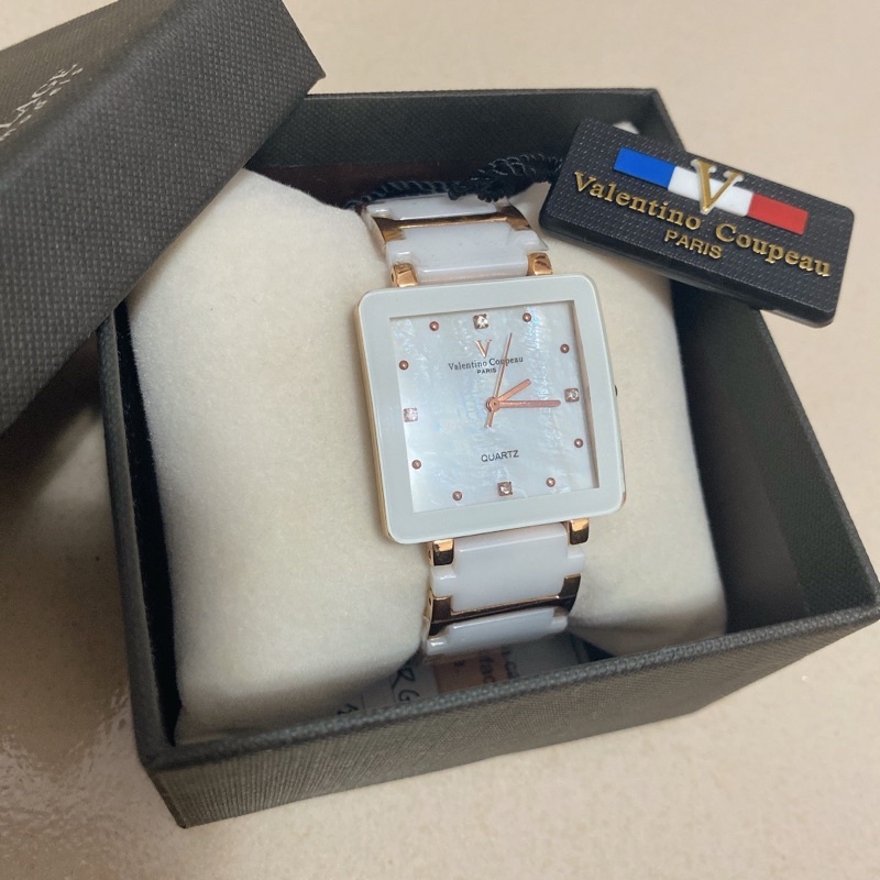 valentino coupeau范倫鐵諾 方形 白/玫瑰金錶帶 半陶瓷腕錶