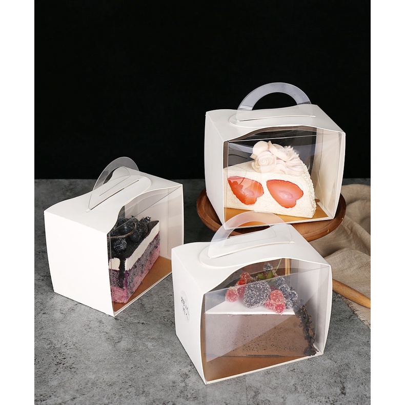 [台灣現貨快速出貨] 透明手提切片蛋糕盒 三角蛋糕盒 慕斯盒 西點盒 純白包裝 金色底拖 量大可議