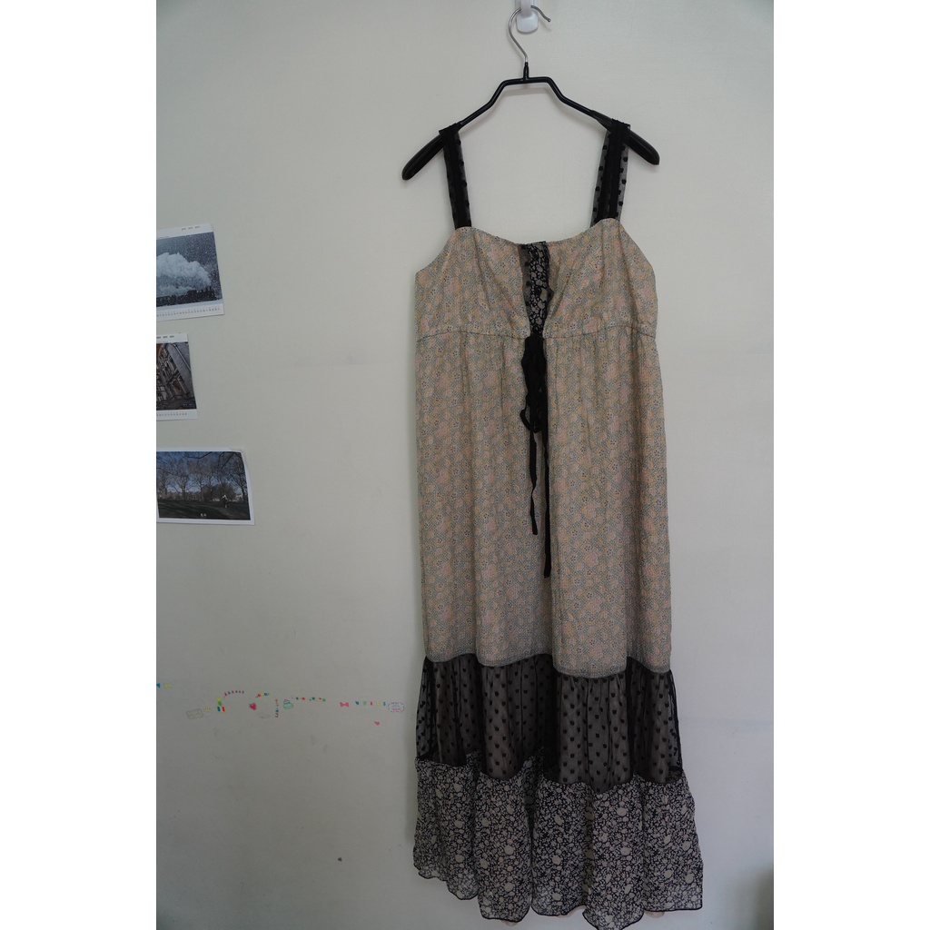 Anna Sui size:2 美國製絹質蠶絲布拼接肩帶長洋裝