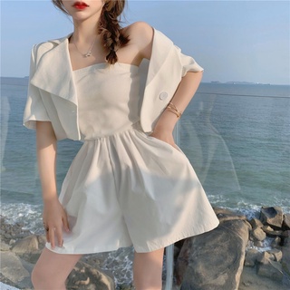 D.Girl 約會套裝 西裝外套女 薄款 2023新款休閒氣質小個子短袖白色短版西裝上衣 閨蜜套裝