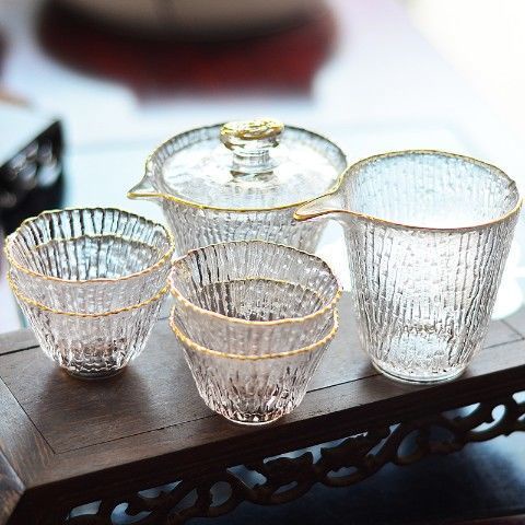 日式錘紋玻璃茶杯 花茶杯組 功夫茶具套裝 家用泡茶杯 泡茶具整套 茶具套裝