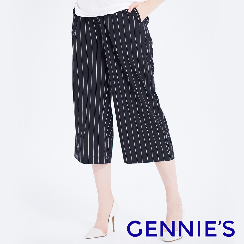【Gennies 奇妮】寬版黑底白條八分孕婦褲-黑(T4H02)