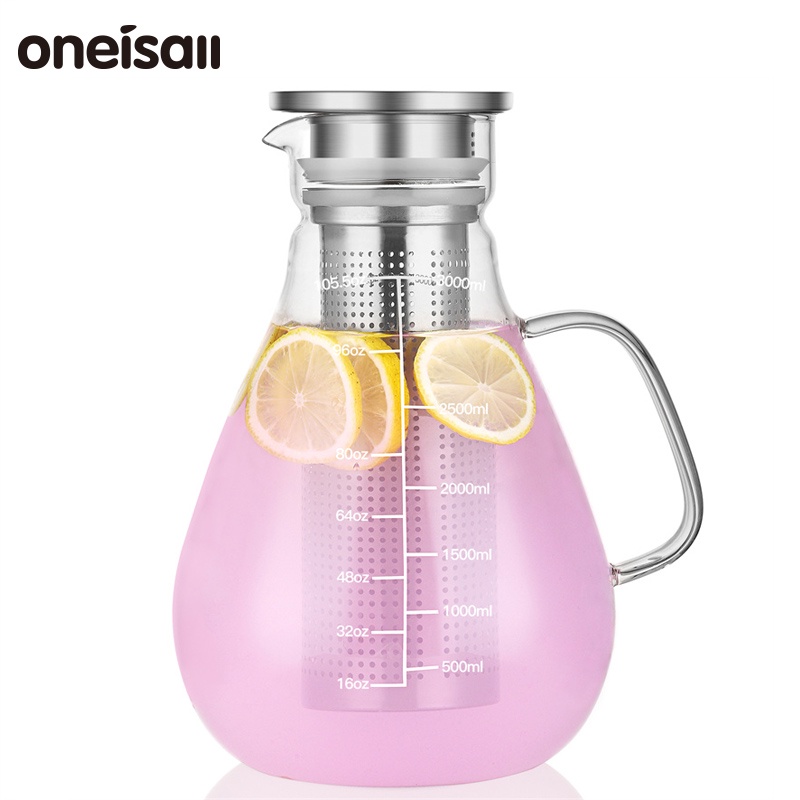 Oneisall 3L 冷水壺帶濾茶器家用冷水壺玻璃耐高溫水壺超大容量加厚
