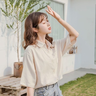鹽系襯衫女短袖小清新開衫襯衣寬鬆顯瘦純色Polo領休閒上衣