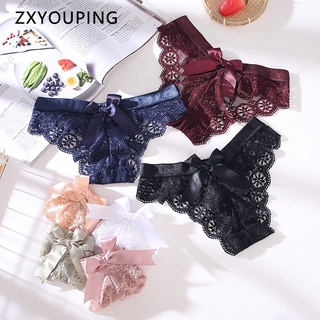 婦女蕾絲透明內褲性感蝴蝶結丁字網透氣低腰內衣S-XL【ZXYOUPING】