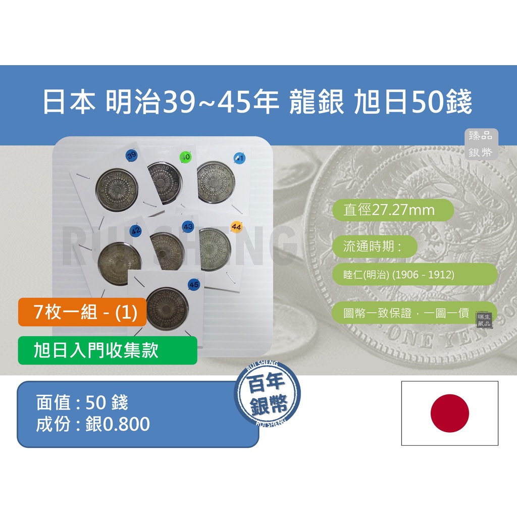 (銀幣-流通品) 亞洲 日本 1906~1912年(明治39~45年) 日本龍銀 旭日50錢銀幣 (7枚一組)