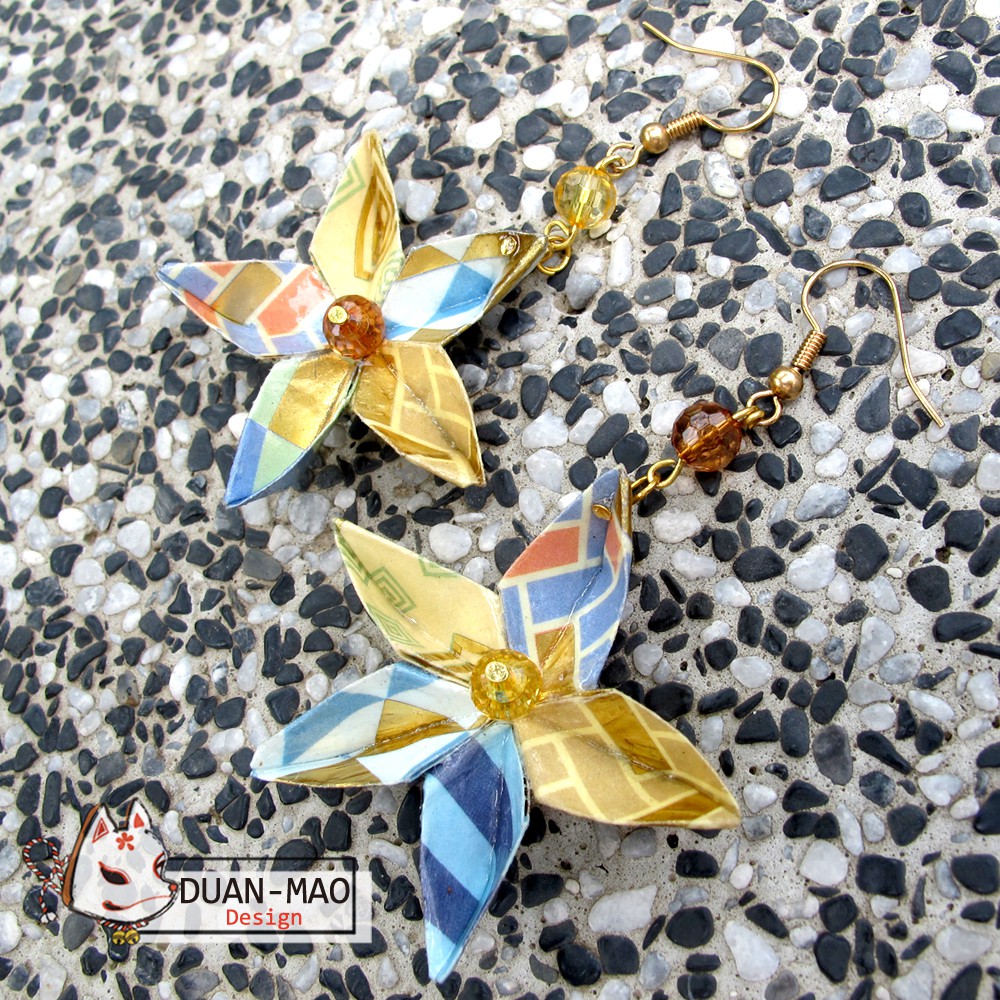 Duanmao 耳環摺紙五瓣花五星花水晶膠垂吊耳環日系千代紙手做不撞款飾品可換夾式ea 蝦皮購物