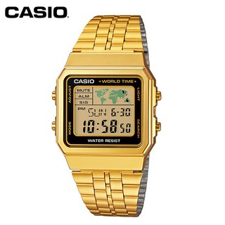 【CASIO】A500WGA-1 復古造型電子錶/全球地圖世界時間/百搭/男女通用款/34mm/金/公司貨【第一鐘錶】