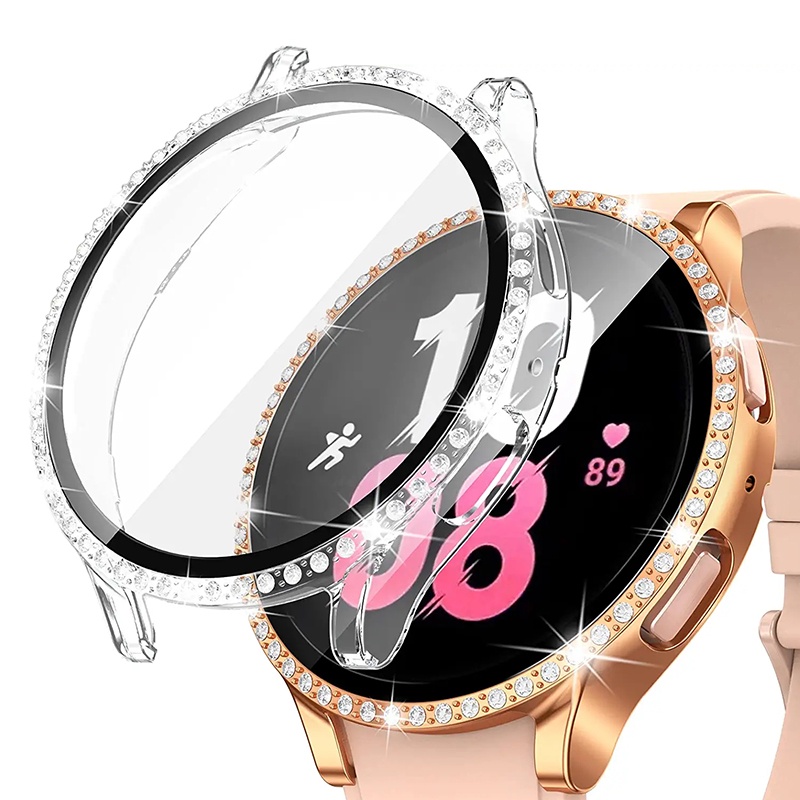 鑽石錶殼+玻璃適用於三星 Galaxy watch 5 4 44mm 40mm PC 全能防摔保險槓蓋+屏幕保護膜 Ga