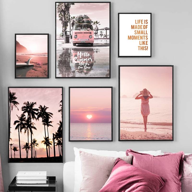 Ins 粉色日落海灘椰子樹衝浪板牆壁藝術畫布繪畫海報打印牆圖片為客廳裝飾