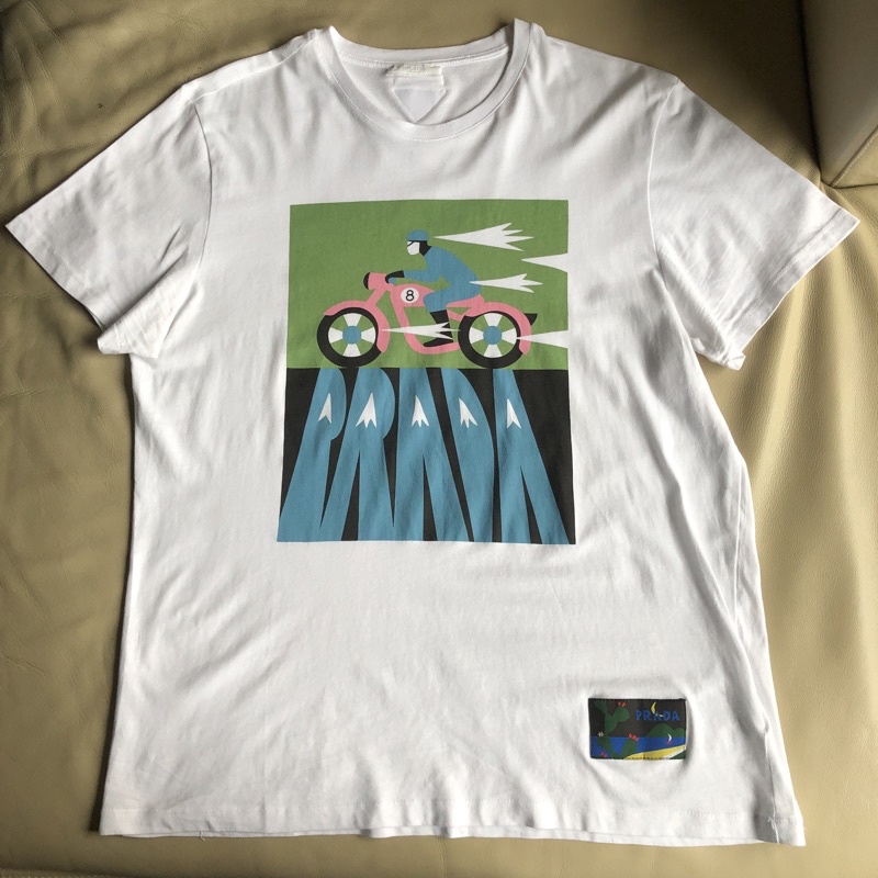 保證正品 Prada 白色 機車圖案 短袖T恤 短T Size XXL 適合 XL