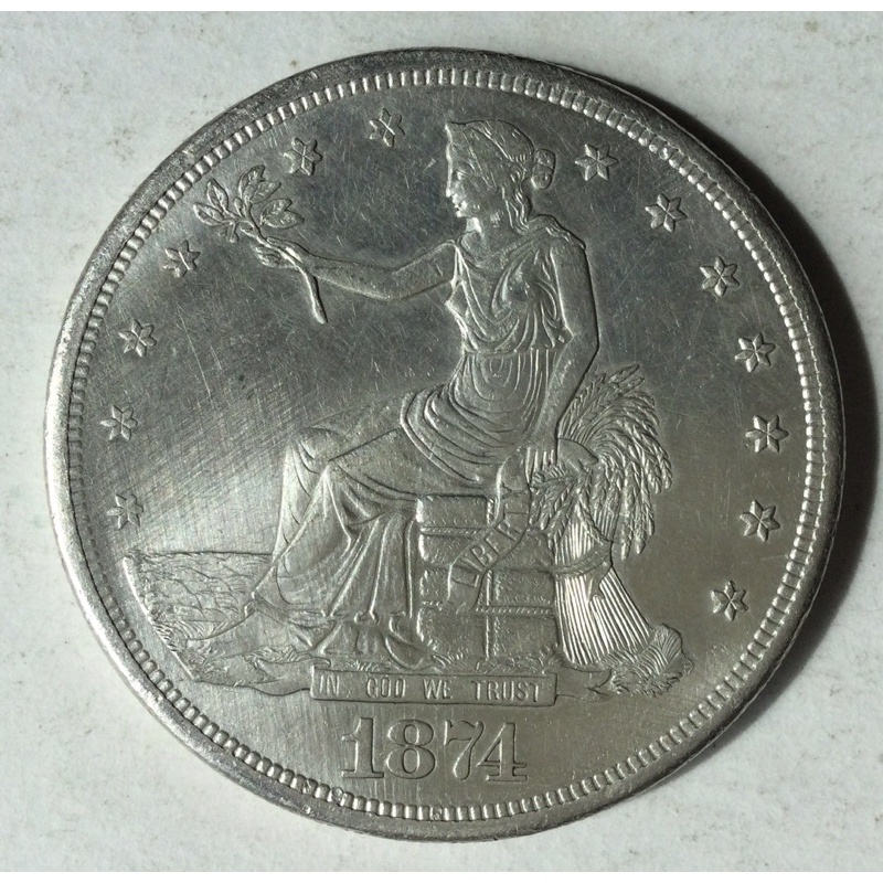 美國貿易銀 拿花女神銀幣 1874 S字鑄記 C3 保真