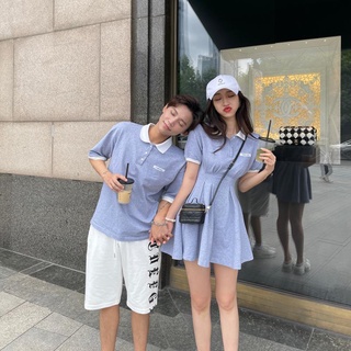 【COUPLE】🚩🚩一裙一衣情侶裝2022夏季新款polo短袖T恤男收腰連衣裙女