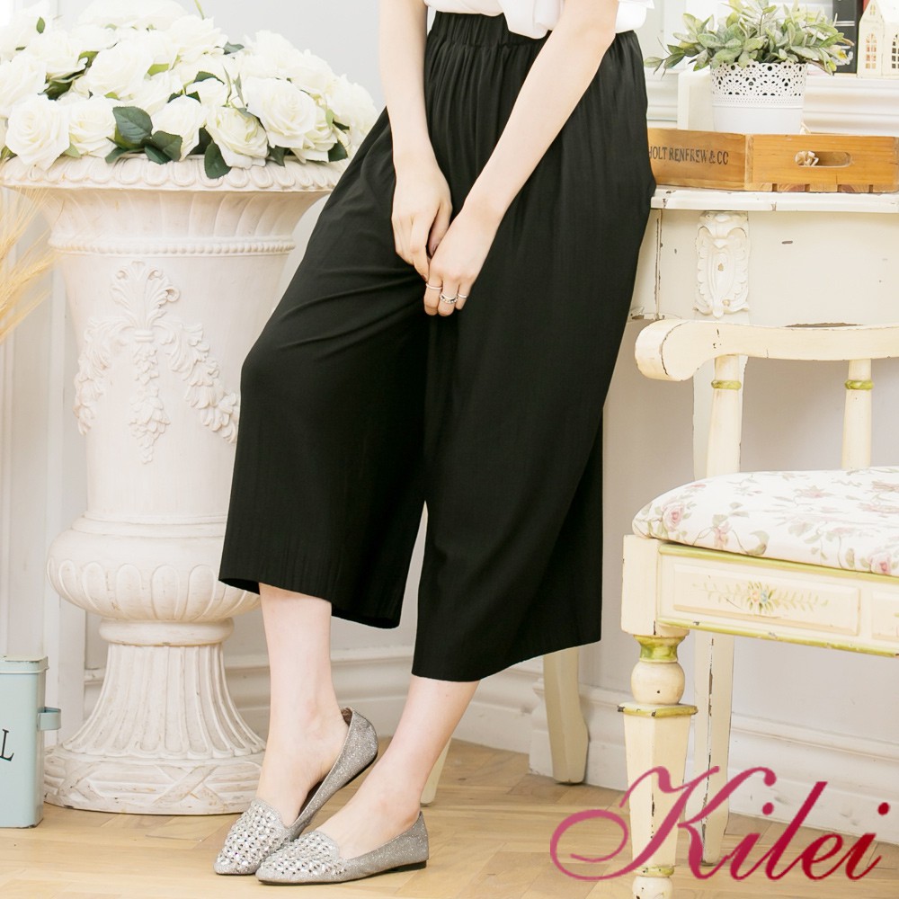 【Kilei】素面寬版直統七分褲XA3334-04(百搭黑)全尺碼