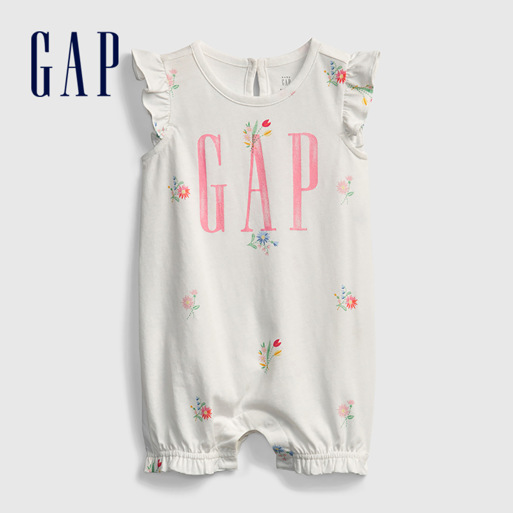 Gap 嬰兒裝 Logo荷葉邊無袖包屁衣-白色(681807)