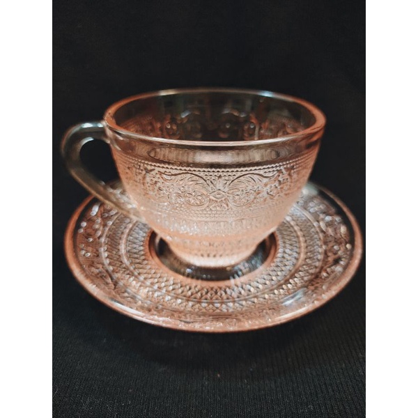 老木青 |全新早期KIG淺粉紅蕾絲玻璃杯盤組 超仙 美美的 復古 收藏