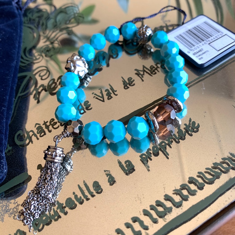 SWAROVSKI施華洛世奇 土耳其藍 水晶串珠流蘇手環Turquoise Beaded Tassel Pandora