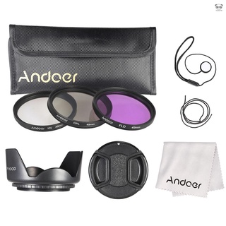 Andoer 49mm 濾鏡套件 (UV + CPL + FLD) + 尼龍便攜袋 + 鏡頭蓋 + 鏡頭蓋支架 + 遮光