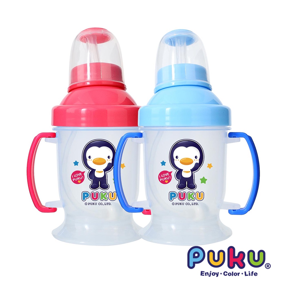 PUKU藍色企鵝 奶嘴+訓練吸管練習杯-(水/粉)