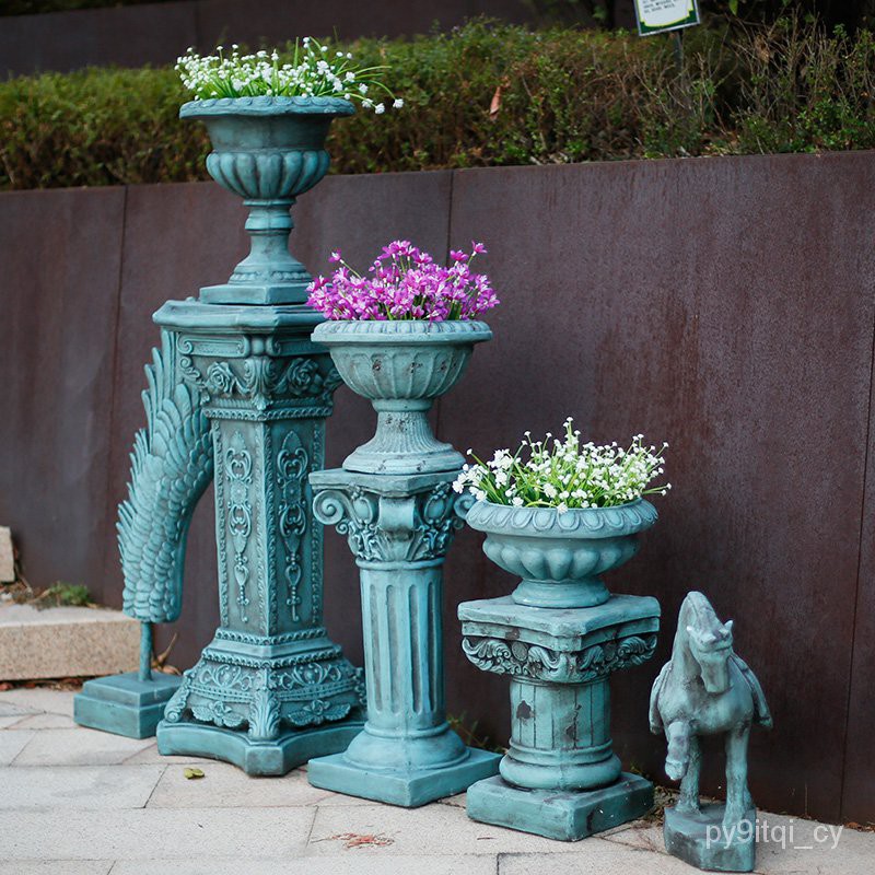 【創意新奇】創意羅馬柱高腳杯花園歐式擺件復古做舊庭院裝飾石膏花盆底座架---&amp;