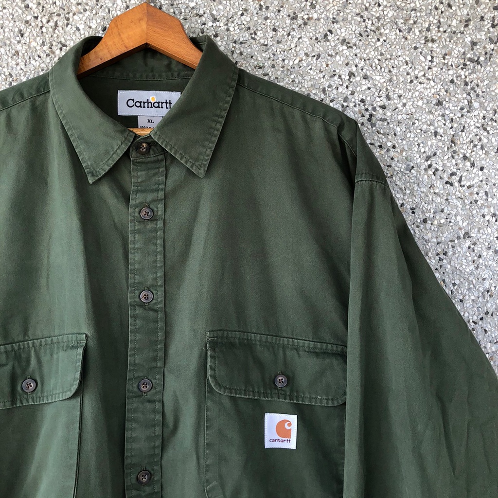 [Oldman Vintage]Carhartt shirts 軍綠色 加長版 古著 長袖 卡哈 襯衫 XL號 C19