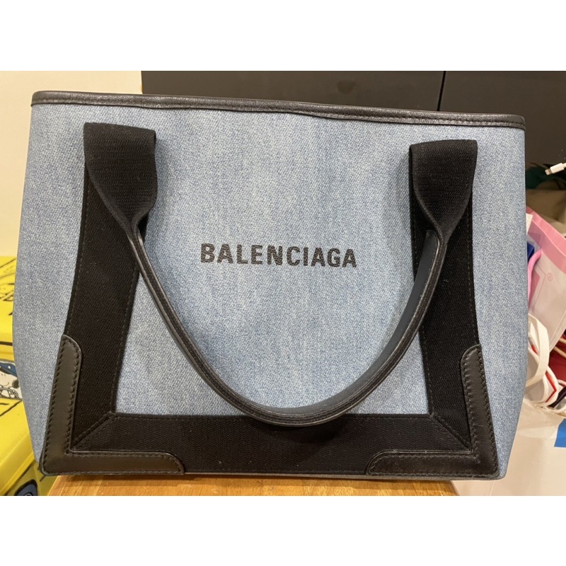 （二手）BALENCIAGA Navy Cabas S 品牌字母帆布手提/肩背包(單寧/附萬用包)