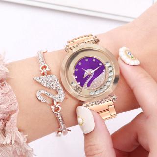 【手錶+手鍊】旋轉珠天鵝手錶女士時尚不銹鋼錶帶手錶