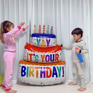韓國ins風 YAY三層彩色蠟燭蛋糕鋁膜氣球 寶寶生日派對拍照 道具