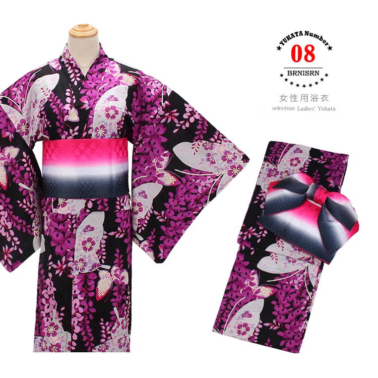 京都祇園風のへや日本女性浴衣和服 淡紫色黑櫻花漸層紅黑白腰封08 蝦皮購物
