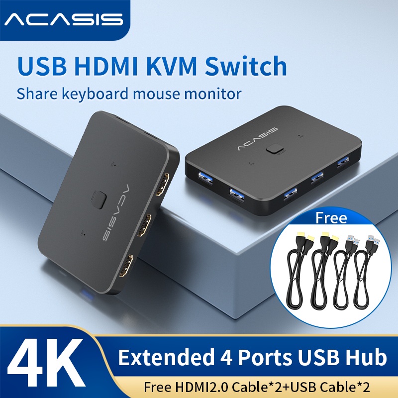 ACASIS USB HDMI KVM 切換器 2 進 1 出 4K60Hz HDMI 切換器和擴展 4 端口